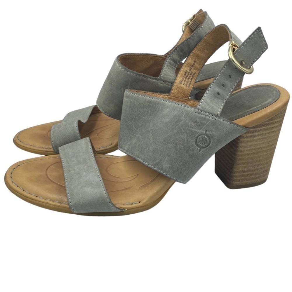 BORN Gray Leather Slingback Sandals Open Toe Block Heel Women’s Size 9
